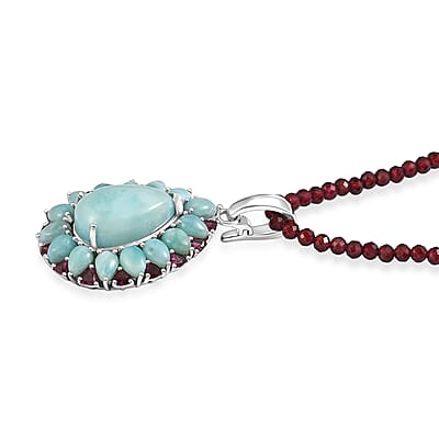 D'Joy Larimar and Orissa Rhodolite Garnet 65.50 ctw Ocean Ripple Halo Pendant with Beaded Necklace (20 Inches) in Rhodium Over Sterling Silver