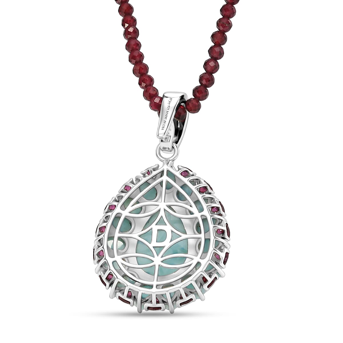 D'Joy Larimar and Orissa Rhodolite Garnet 65.50 ctw Ocean Ripple Halo Pendant with Beaded Necklace (20 Inches) in Rhodium Over Sterling Silver image number 5