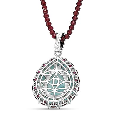 D'Joy Larimar and Orissa Rhodolite Garnet 65.50 ctw Ocean Ripple Halo Pendant with Beaded Necklace (20 Inches) in Rhodium Over Sterling Silver