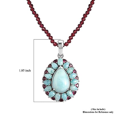 D'Joy Larimar and Orissa Rhodolite Garnet 65.50 ctw Ocean Ripple Halo Pendant with Beaded Necklace (20 Inches) in Rhodium Over Sterling Silver