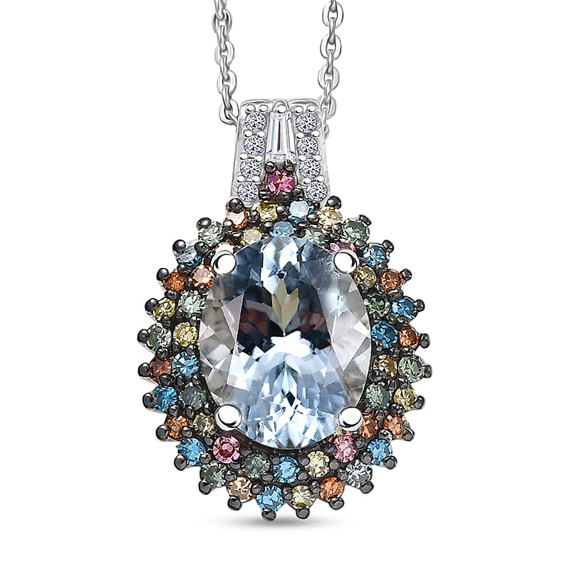 Premium Mangoro Aquamarine and Luxuriant Lab Grown Multi Diamond SI 2.65 ctw Floral Fiesta Pendant Necklace in Rhodium Over Sterling Silver 20 Inches