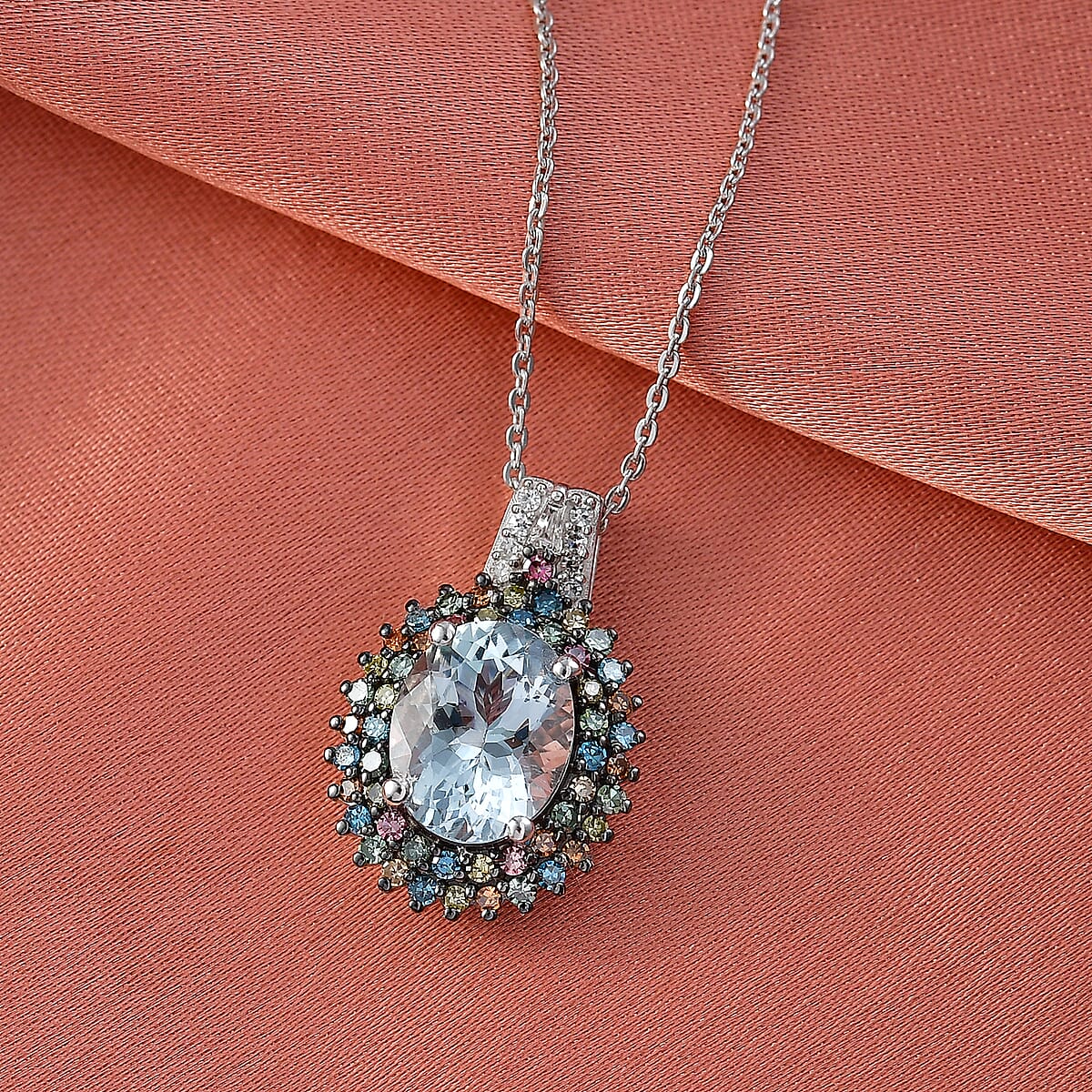 Premium Mangoro Aquamarine and Luxuriant Lab Grown Multi Diamond SI 2.65 ctw Floral Fiesta Pendant Necklace in Rhodium Over Sterling Silver 20 Inches (Del. in 5-7 Days) image number 1