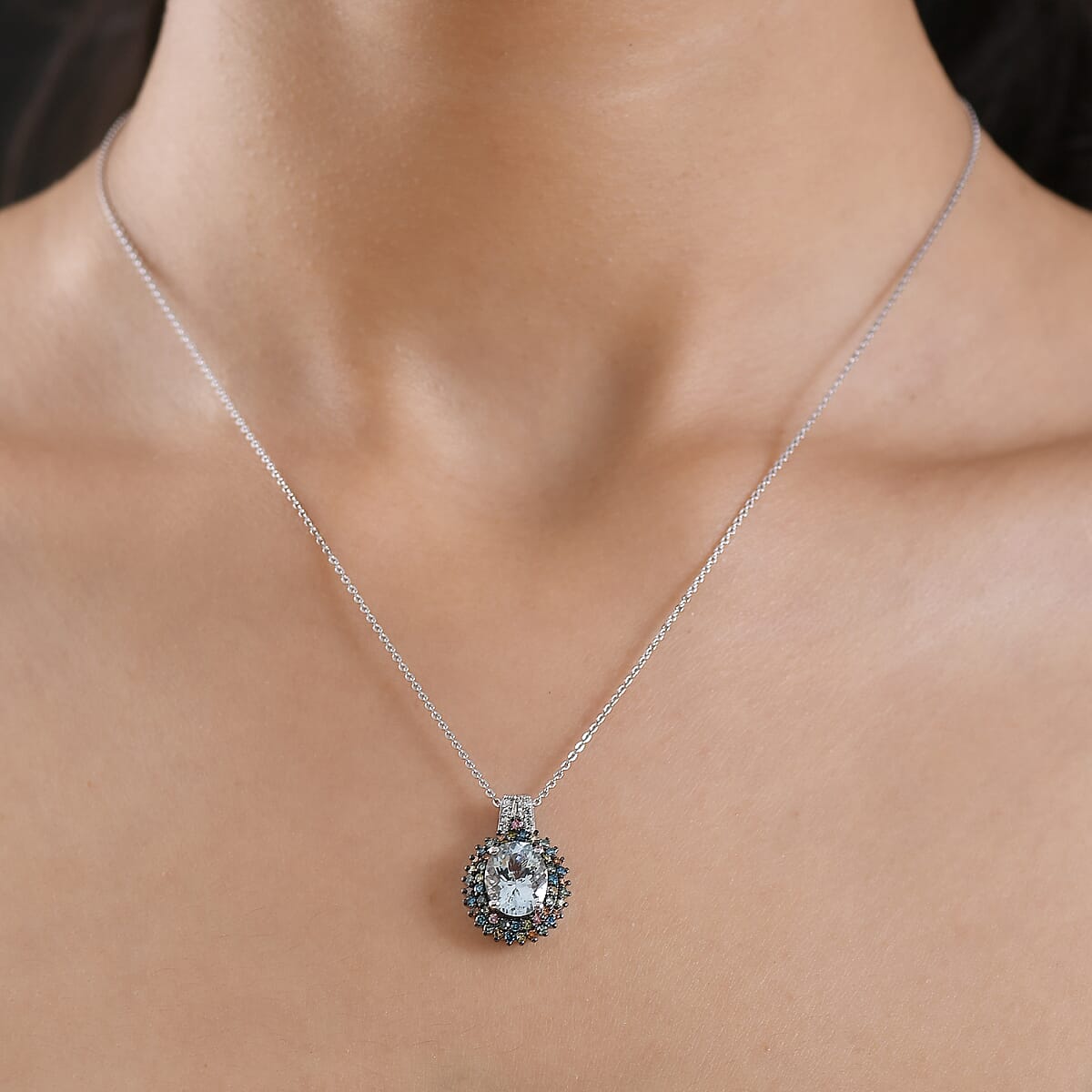 Premium Mangoro Aquamarine and Luxuriant Lab Grown Multi Diamond SI 2.65 ctw Floral Fiesta Pendant Necklace in Rhodium Over Sterling Silver 20 Inches (Del. in 5-7 Days) image number 2