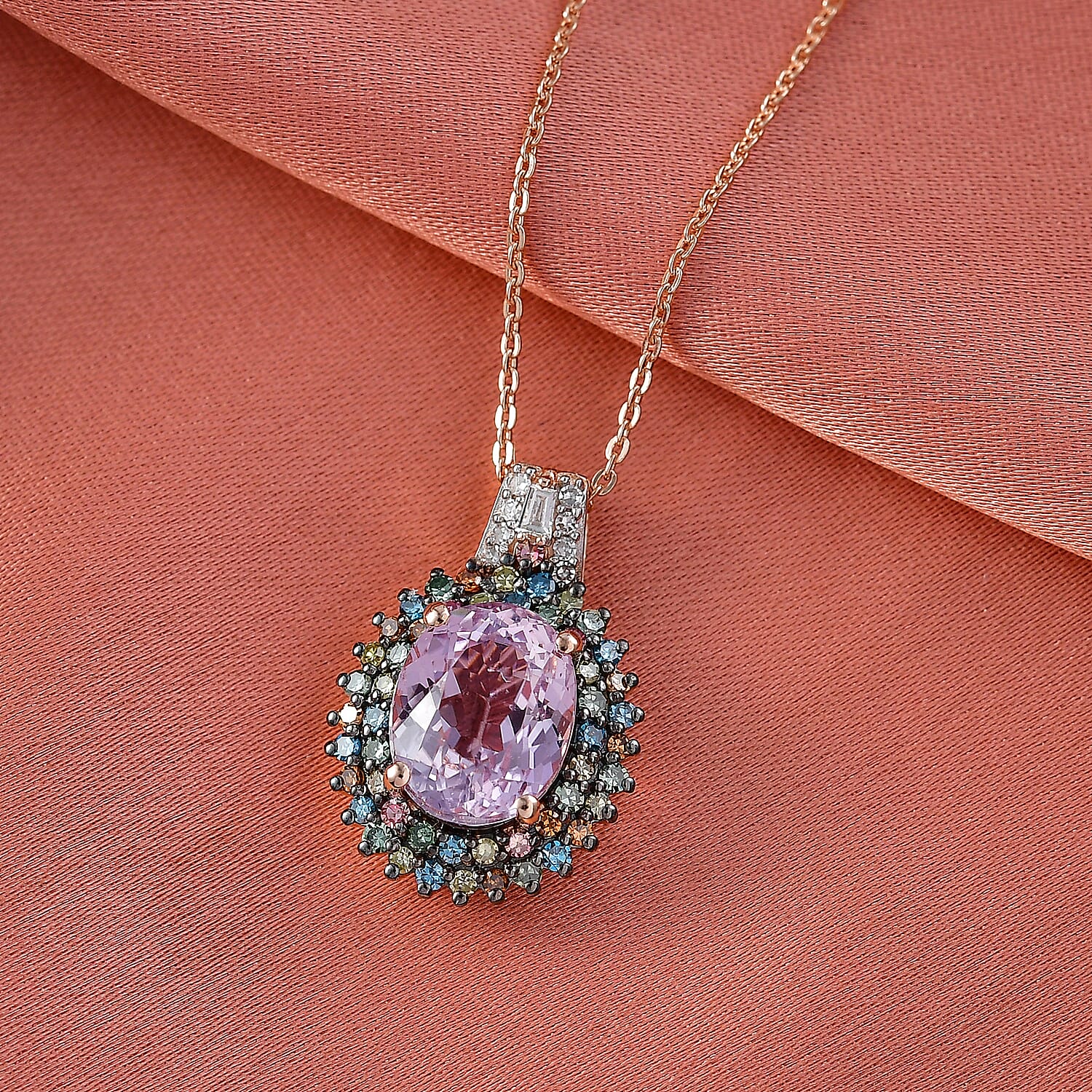 Premium Martha Rocha Kunzite and Luxuriant Lab Grown Multi Diamond SI 4.15 ctw Floral Fiesta Pendant Necklace in 18K Vermeil Rose Gold Over Sterling Silver 20 Inches