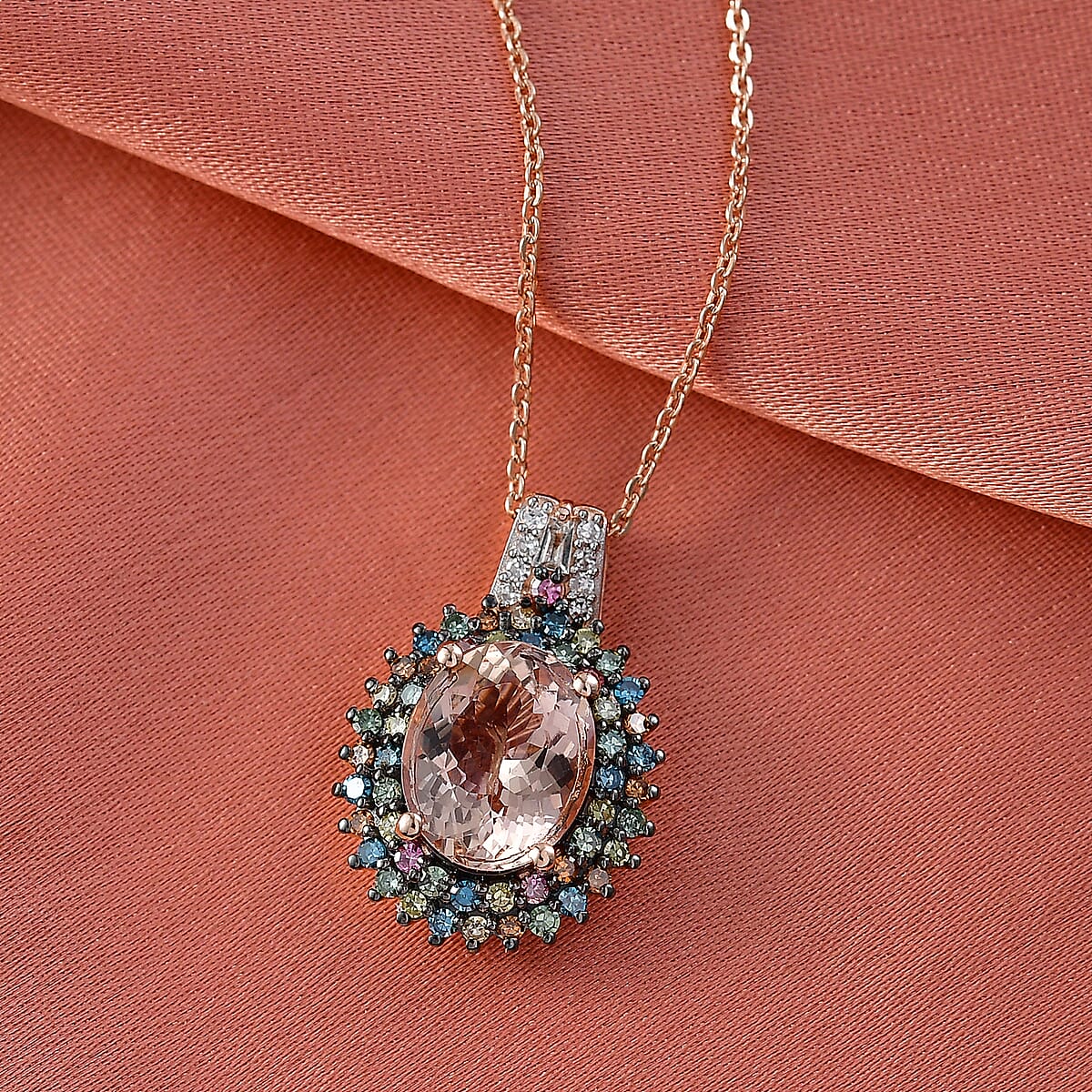 Premium Marropino Morganite and Luxuriant Lab Grown Multi Diamond SI 2.85 ctw Floral Fiesta Pendant Necklace in 18K Vermeil Rose Gold Over Sterling Silver 20 Inches image number 1