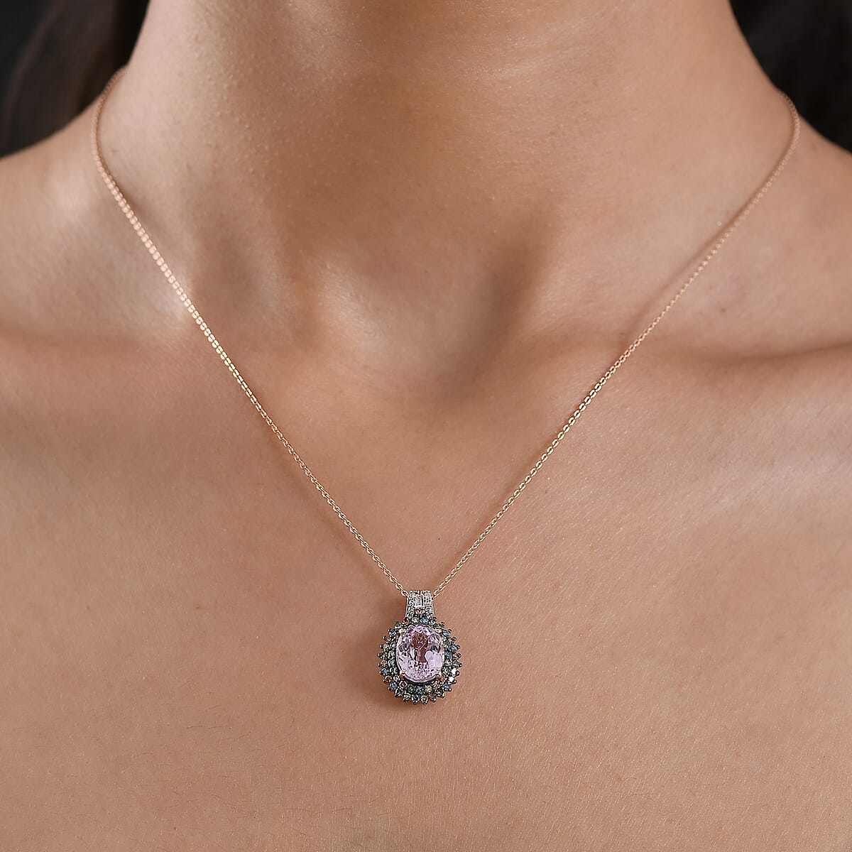Premium Marropino Morganite and Luxuriant Lab Grown Multi Diamond SI 2.85 ctw Floral Fiesta Pendant Necklace in 18K Vermeil Rose Gold Over Sterling Silver 20 Inches image number 2