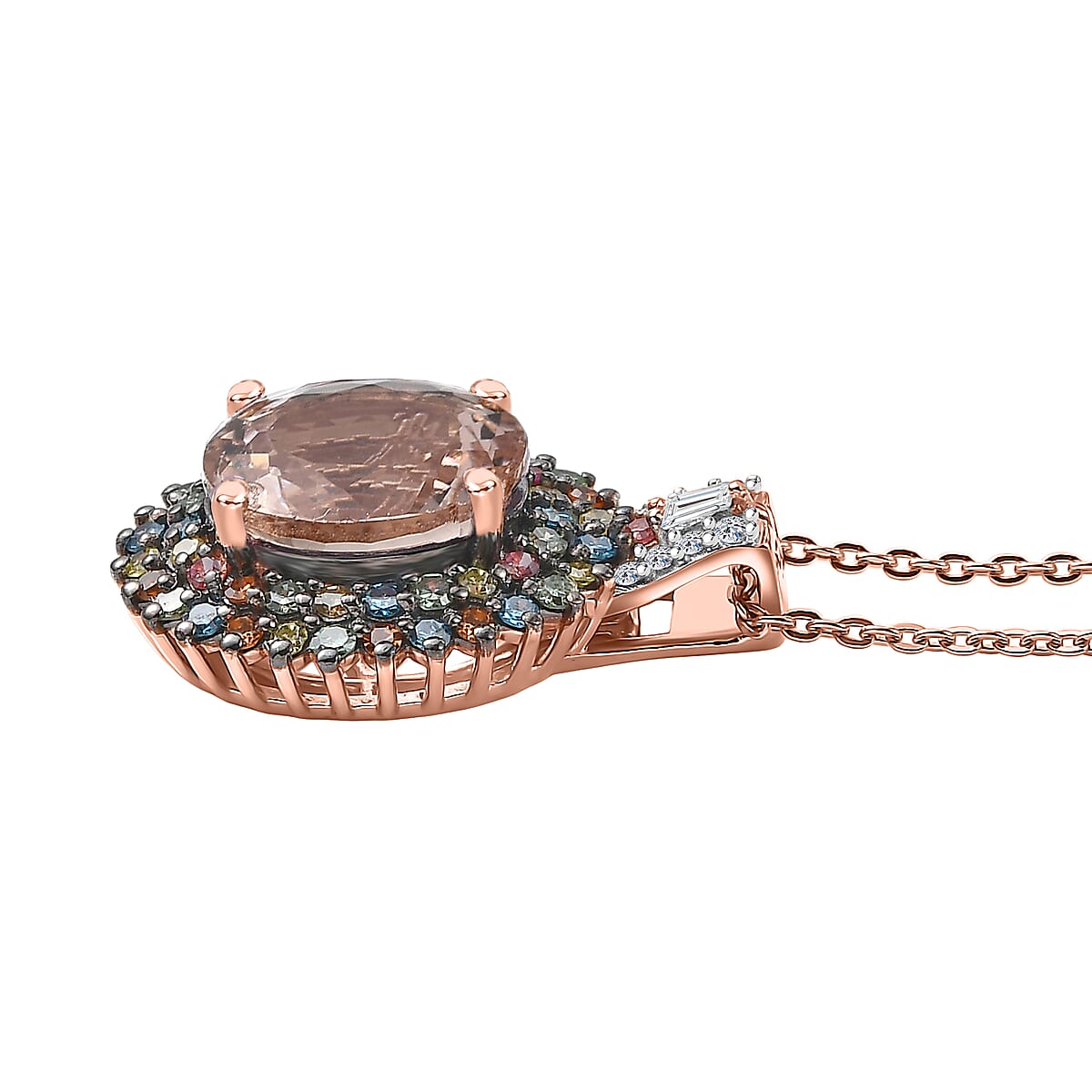 Premium Marropino Morganite and Luxuriant Lab Grown Multi Diamond SI 2.85 ctw Floral Fiesta Pendant Necklace in 18K Vermeil Rose Gold Over Sterling Silver 20 Inches image number 3