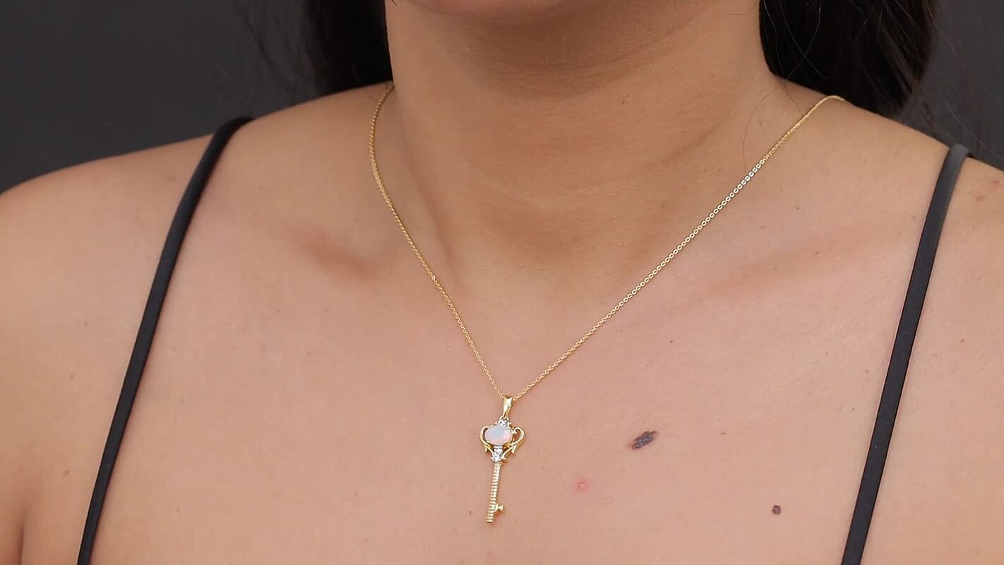 D''Joy Ethiopian Welo Opal, White Zircon Pendant Necklace (20 Inches) in 14K YG Over Sterling Silver 0.65 ctw