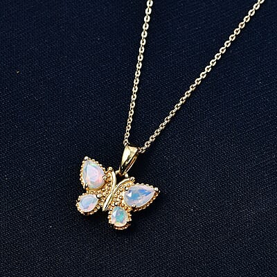 D'Joy Ethiopian Welo Opal and White Zircon 0.65 ctw Pendant Necklace in 14K Yellow Gold Over Sterling Silver 20 Inches