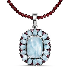 D'Joy Larimar and Orissa Rhodolite Garnet 70.85 ctw Ocean Ripple Halo Pendant with Beaded Necklace (20 Inches) in Rhodium Over Sterling Silver