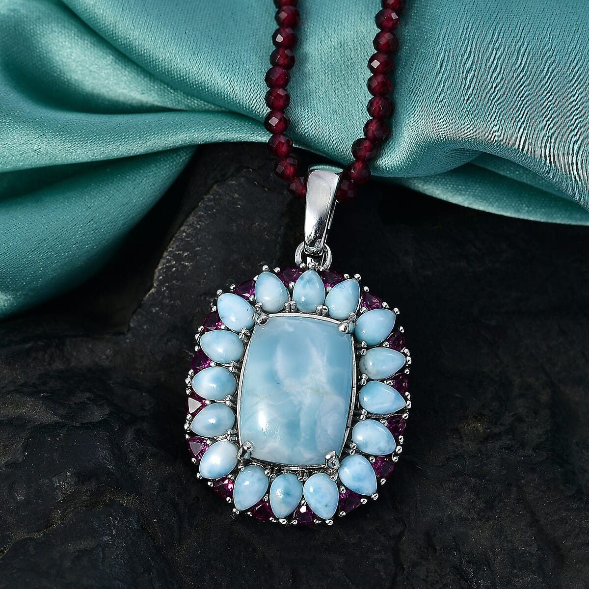 D'Joy Larimar and Orissa Rhodolite Garnet 70.85 ctw Ocean Ripple Halo Pendant with Beaded Necklace (20 Inches) in Rhodium Over Sterling Silver image number 1