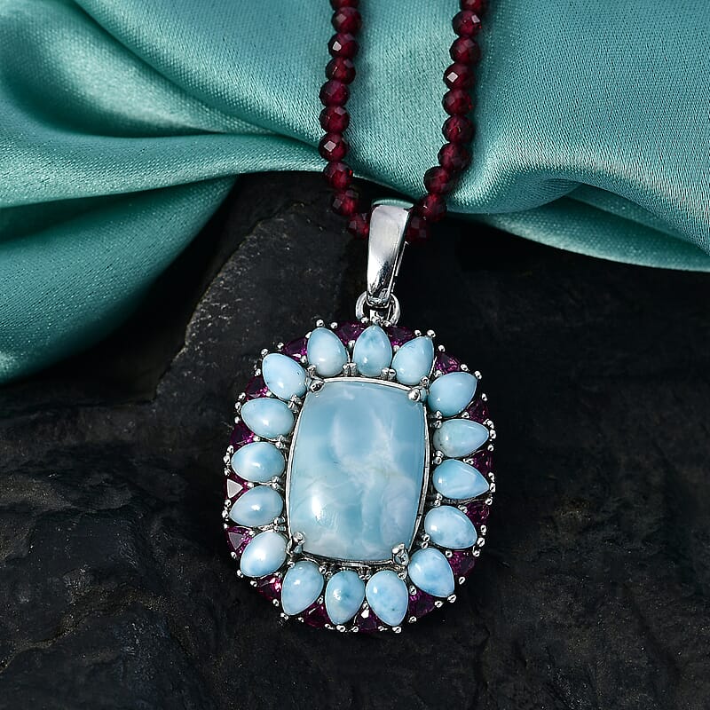 D'Joy Larimar and Orissa Rhodolite Garnet 70.85 ctw Ocean Ripple Halo Pendant with Beaded Necklace (20 Inches) in Rhodium Over Sterling Silver
