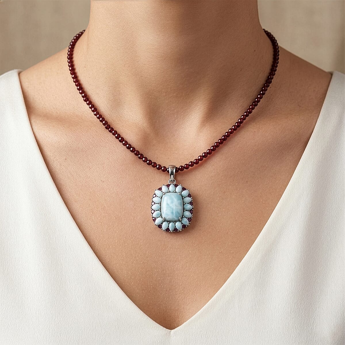 D'Joy Larimar and Orissa Rhodolite Garnet 70.85 ctw Ocean Ripple Halo Pendant with Beaded Necklace (20 Inches) in Rhodium Over Sterling Silver image number 2