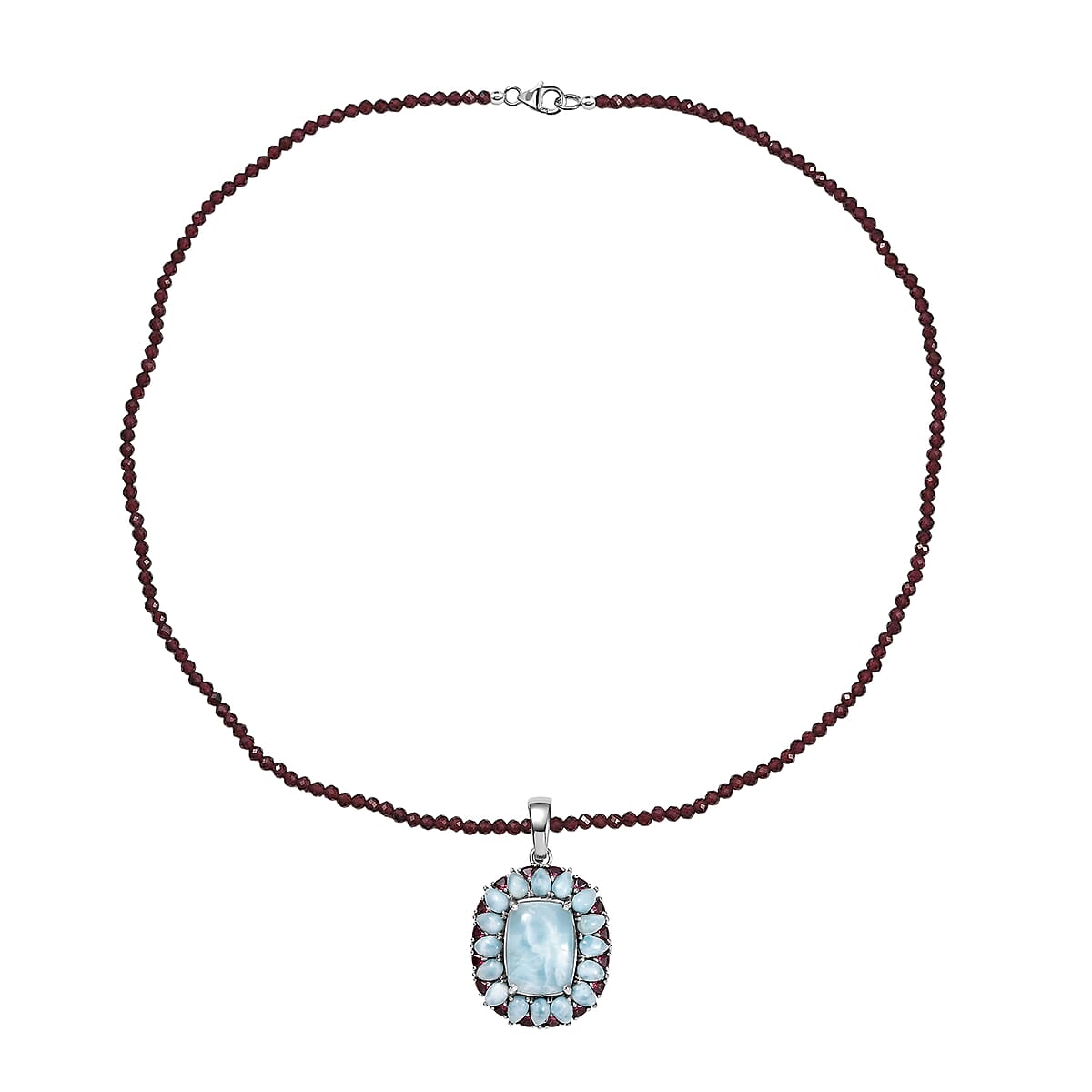 D'Joy Larimar and Orissa Rhodolite Garnet 70.85 ctw Ocean Ripple Halo Pendant with Beaded Necklace (20 Inches) in Rhodium Over Sterling Silver image number 3