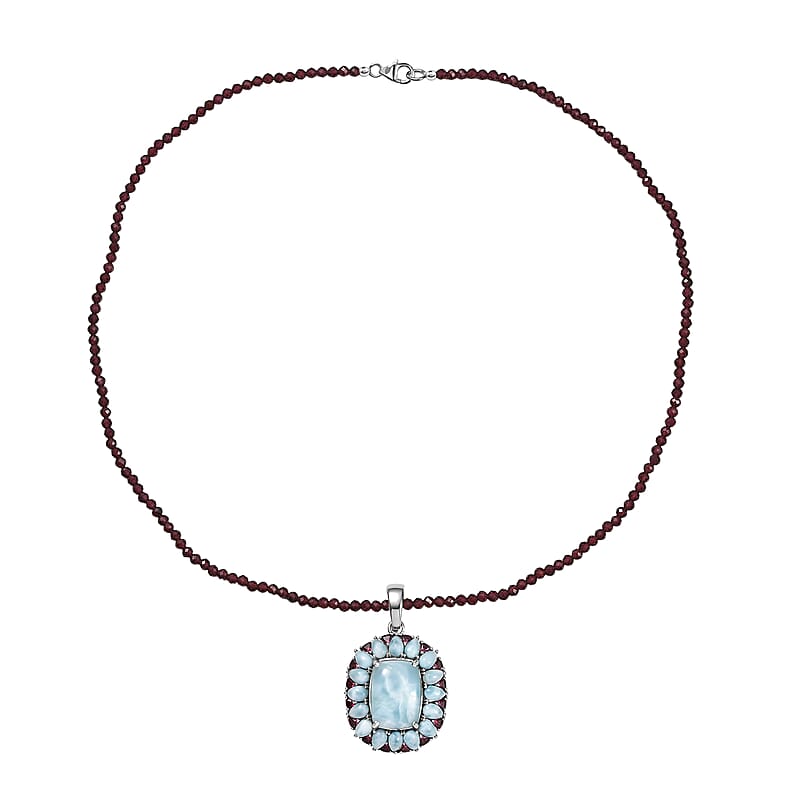 D'Joy Larimar and Orissa Rhodolite Garnet 70.85 ctw Ocean Ripple Halo Pendant with Beaded Necklace (20 Inches) in Rhodium Over Sterling Silver
