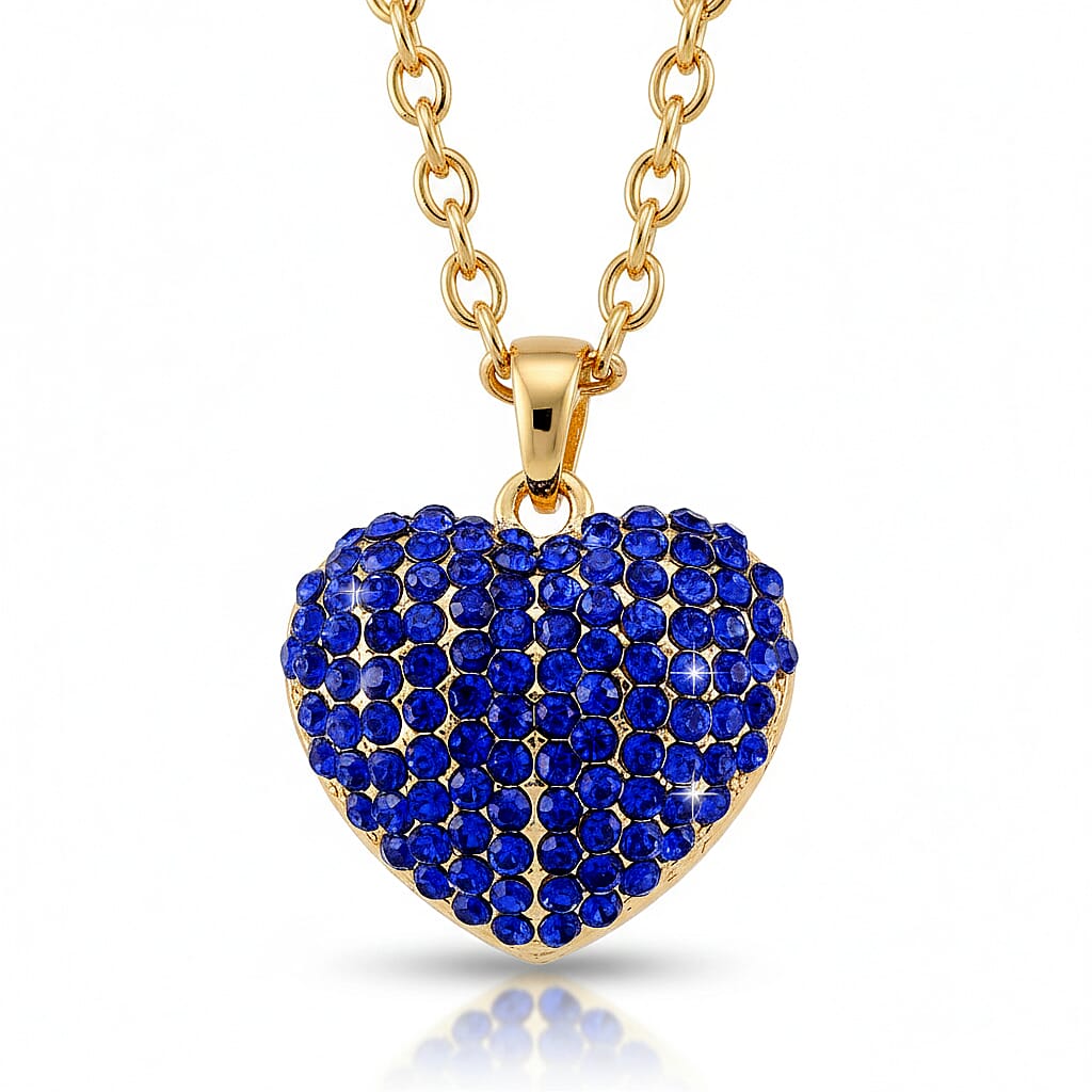 Blue Austrian Crystal Domed Heart Pendant Necklace (24 Inches) in Goldtone