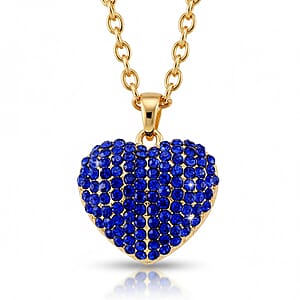 Austrian Blue Crystal Domed Heart Pendant Necklace (24 Inches) in Silvertone