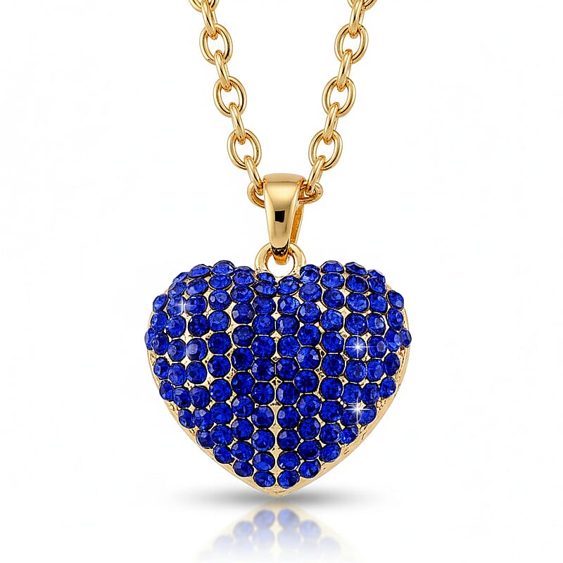 Blue Austrian Crystal Domed Heart Pendant Necklace (24 Inches) in Goldtone