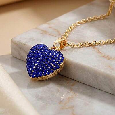 Blue Austrian Crystal Domed Heart Pendant Necklace (24 Inches) in Goldtone