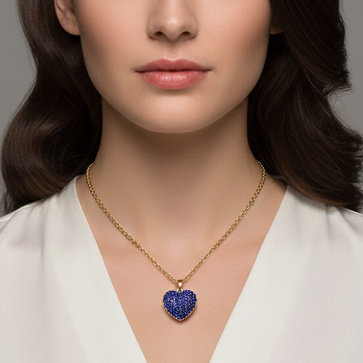 Austrian Blue Crystal Domed Heart Pendant Necklace (24 Inches) in Silvertone image number 2