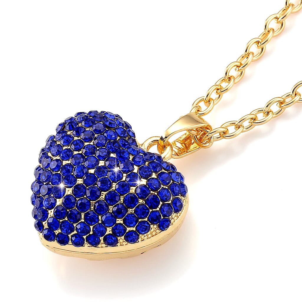 Blue Austrian Crystal Domed Heart Pendant Necklace (24 Inches) in Goldtone
