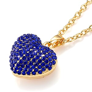 Austrian Blue Crystal Domed Heart Pendant Necklace (24 Inches) in Silvertone