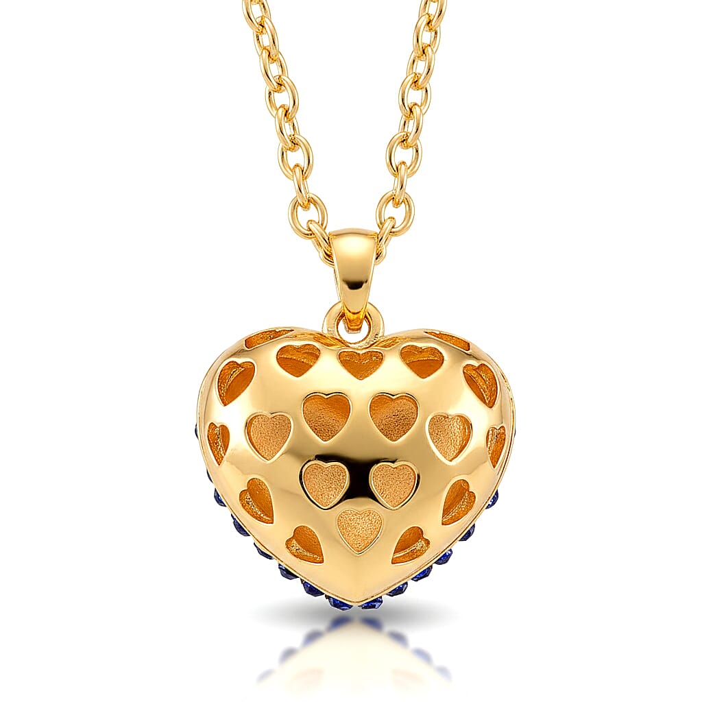 Blue Austrian Crystal Domed Heart Pendant Necklace (24 Inches) in Goldtone