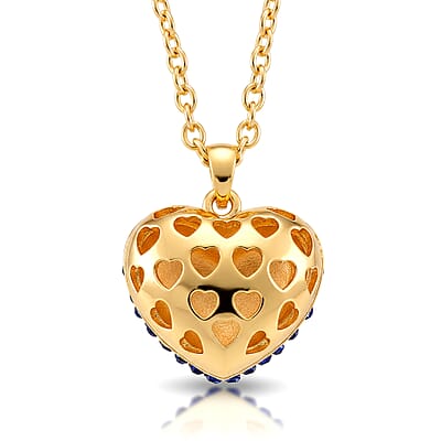 Blue Austrian Crystal Domed Heart Pendant Necklace (24 Inches) in Goldtone