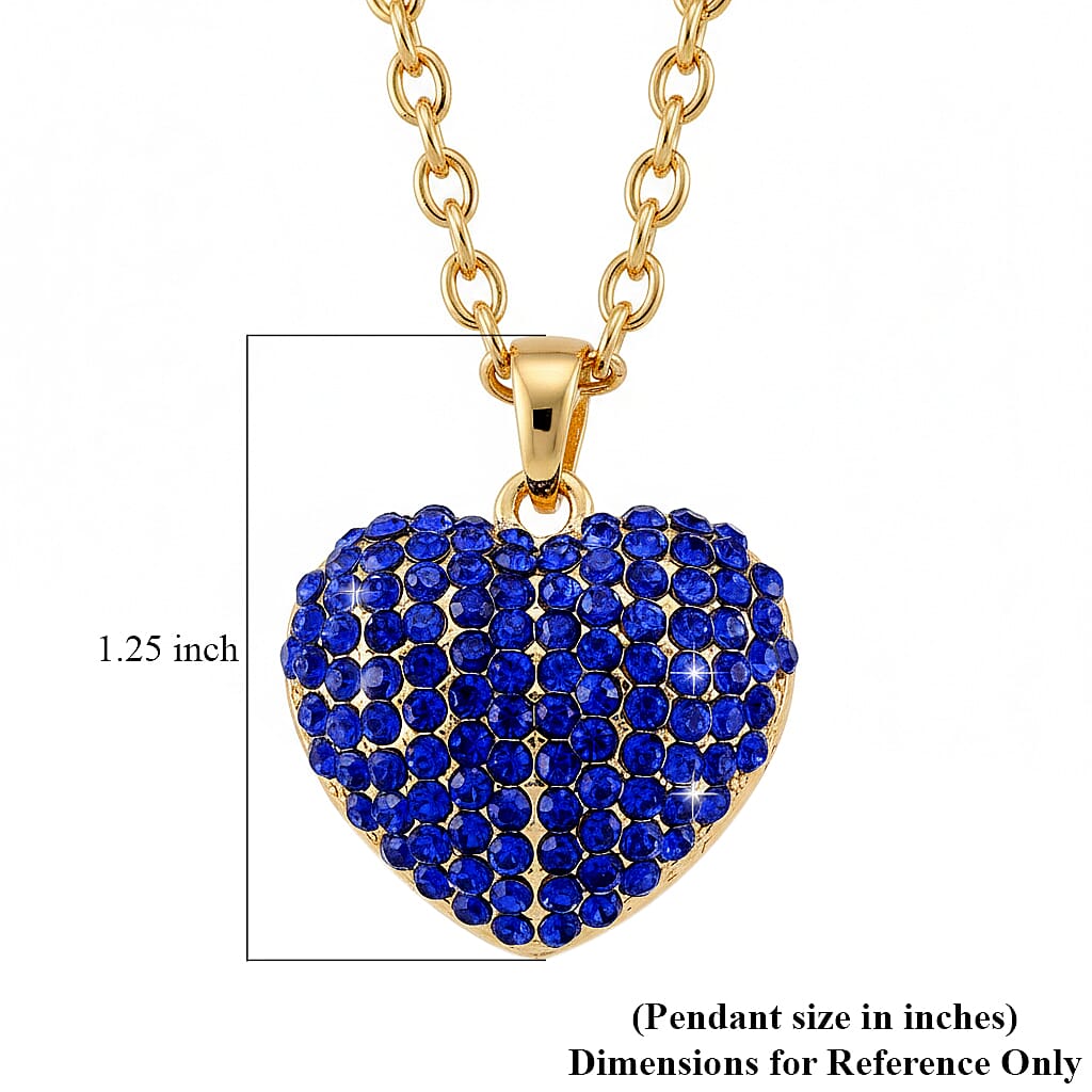Blue Austrian Crystal Domed Heart Pendant Necklace (24 Inches) in Goldtone