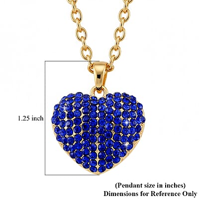 Blue Austrian Crystal Domed Heart Pendant Necklace (24 Inches) in Goldtone