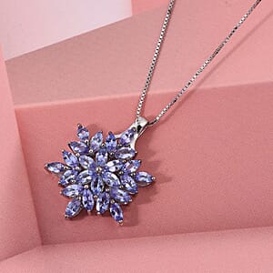 D'Joy Tanzanite 2.25 ctw Royal Bloom Pendant Necklace in Rhodium Over Sterling Silver (20 Inches)