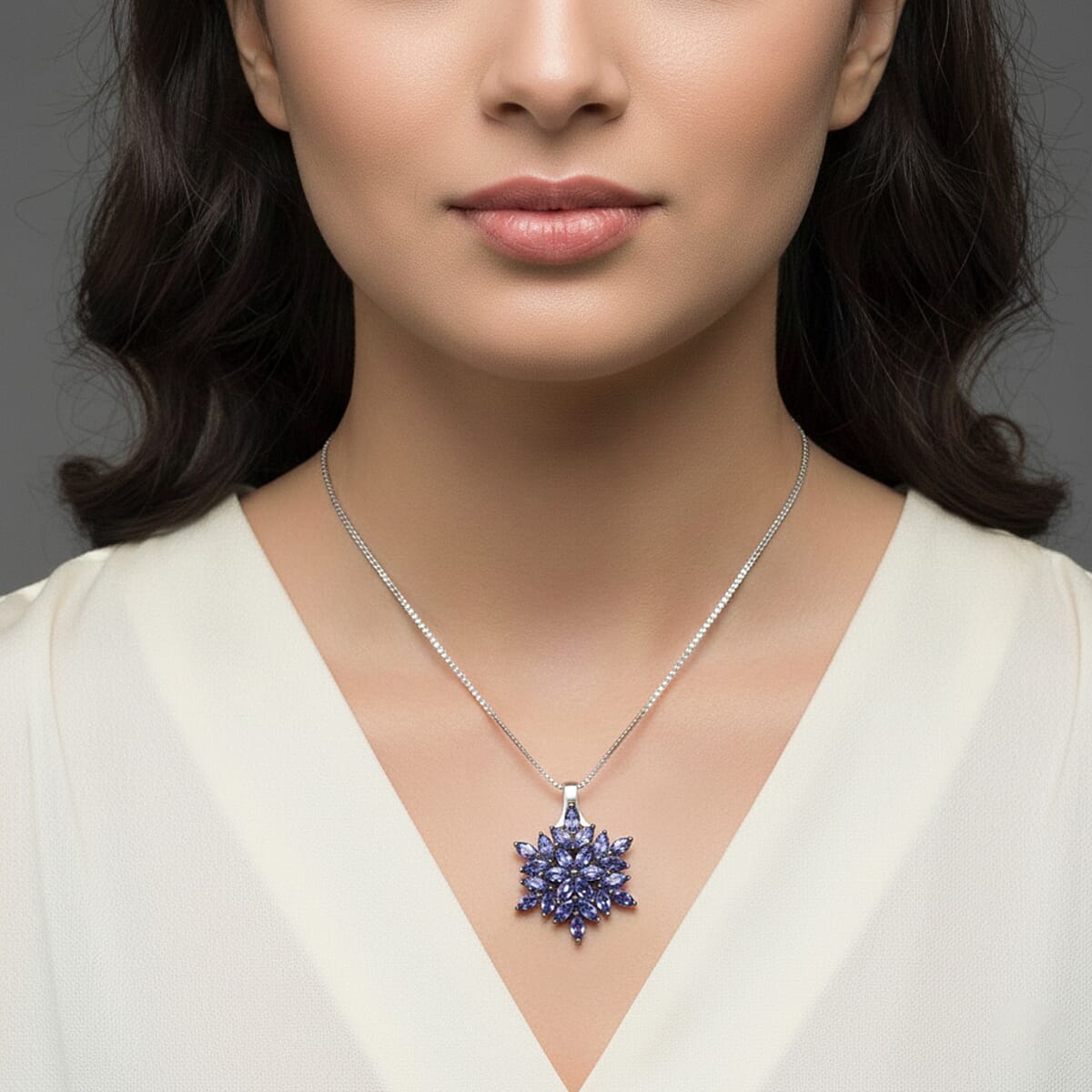 D'Joy Tanzanite 2.25 ctw Royal Bloom Pendant Necklace in Rhodium Over Sterling Silver (20 Inches) image number 2
