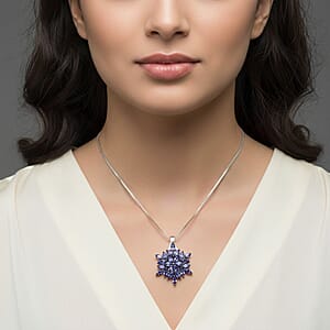 D'Joy Tanzanite 2.25 ctw Royal Bloom Pendant Necklace in Rhodium Over Sterling Silver (20 Inches)