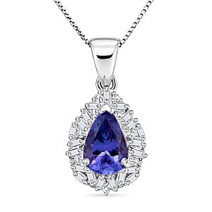 D'Joy Tanzanite and Diamond 1.50 ctw Royal Starburst Pendant Necklace in Rhodium Over Sterling Silver 20 Inches