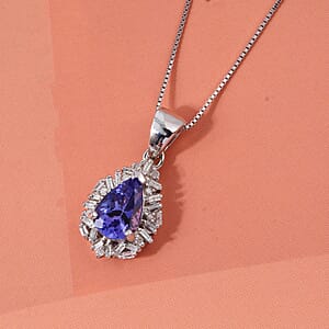 D'Joy Tanzanite and Diamond 1.50 ctw Royal Starburst Pendant Necklace in Rhodium Over Sterling Silver 20 Inches
