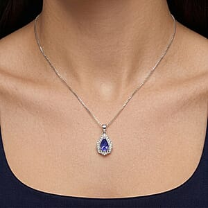 D'Joy Tanzanite and Diamond 1.50 ctw Royal Starburst Pendant Necklace in Rhodium Over Sterling Silver 20 Inches