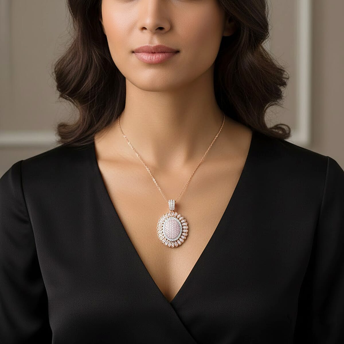 D'Joy Natural Pink and White Diamond I3 1.00 ctw Petal Crown Pendant Necklace in 18K Vermeil Rose Gold Over Sterling Silver 20 Inches image number 2