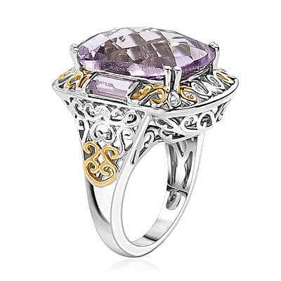 EverTrue Rose De France Amethyst 22.20 ctw Ring (Size 6) and Pendant in 18K YG Plated and Platinum Bond with Stainless Steel Necklace 20 Inches