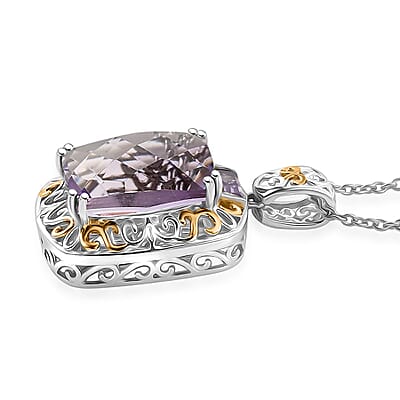 EverTrue Rose De France Amethyst 22.20 ctw Ring (Size 6) and Pendant in 18K YG Plated and Platinum Bond with Stainless Steel Necklace 20 Inches