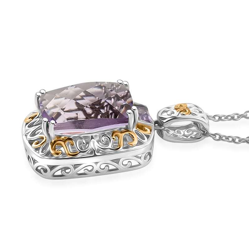EverTrue Rose De France Amethyst 22.20 ctw Ring (Size 6) and Pendant in 18K YG Plated and Platinum Bond with Stainless Steel Necklace 20 Inches