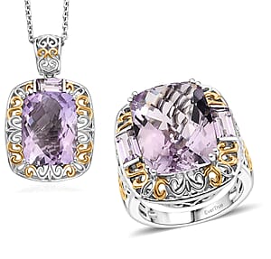 EverTrue Rose De France Amethyst 22.20 ctw Ring (Size 7) and Pendant in 18K YG Plated and Platinum Bond with Stainless Steel Necklace 20 Inches