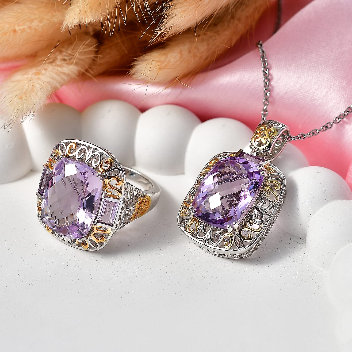 EverTrue Rose De France Amethyst Ring (Size 7) and Pendant in 18K YG Plated and Platinum Bond with Stainless Steel Necklace (20 Inches) 22.20 ctw