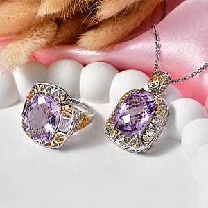 EverTrue Rose De France Amethyst 22.20 ctw Ring (Size 7) and Pendant in 18K YG Plated and Platinum Bond with Stainless Steel Necklace 20 Inches