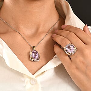 EverTrue Rose De France Amethyst 22.20 ctw Ring (Size 7) and Pendant in 18K YG Plated and Platinum Bond with Stainless Steel Necklace 20 Inches