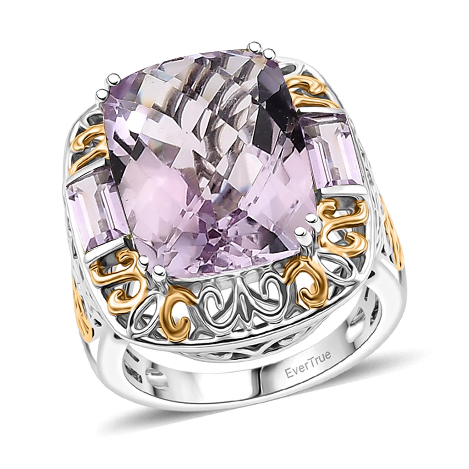 EverTrue Rose De France Amethyst 22.20 ctw Ring (Size 7) and Pendant in 18K YG Plated and Platinum Bond with Stainless Steel Necklace 20 Inches