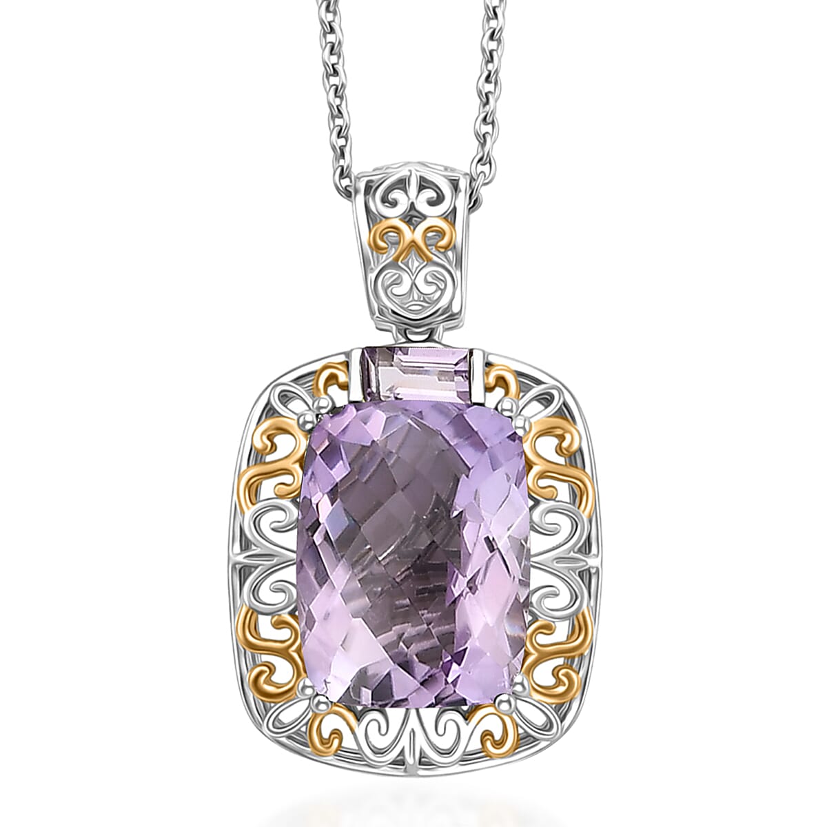 EverTrue Rose De France Amethyst 22.20 ctw Ring (Size 7) and Pendant in 18K YG Plated and Platinum Bond with Stainless Steel Necklace 20 Inches image number 6