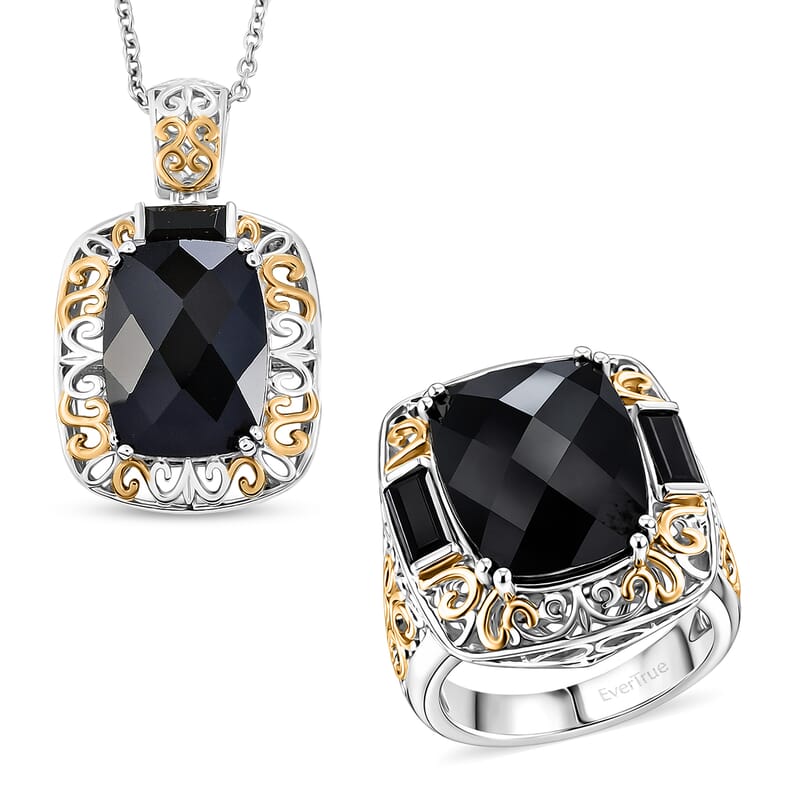 EverTrue Thai Black Spinel 26.50 ctw Ring (Size 5) and Pendant in 18K YG Plated and Platinum Bond with Stainless Steel Necklace 20 Inches
