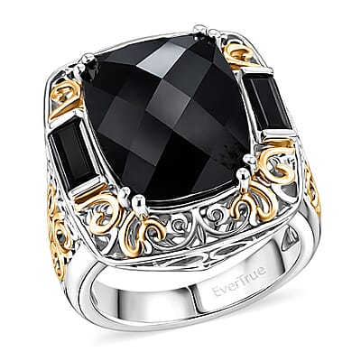 EverTrue Thai Black Spinel 26.50 ctw Ring (Size 5) and Pendant in 18K YG Plated and Platinum Bond with Stainless Steel Necklace 20 Inches