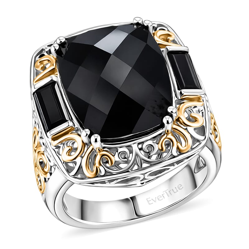 EverTrue Thai Black Spinel 26.50 ctw Ring (Size 5) and Pendant in 18K YG Plated and Platinum Bond with Stainless Steel Necklace 20 Inches