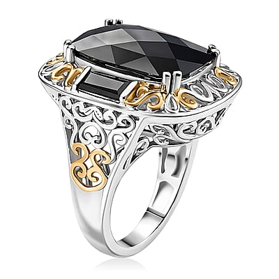 EverTrue Thai Black Spinel 26.50 ctw Ring (Size 5) and Pendant in 18K YG Plated and Platinum Bond with Stainless Steel Necklace 20 Inches